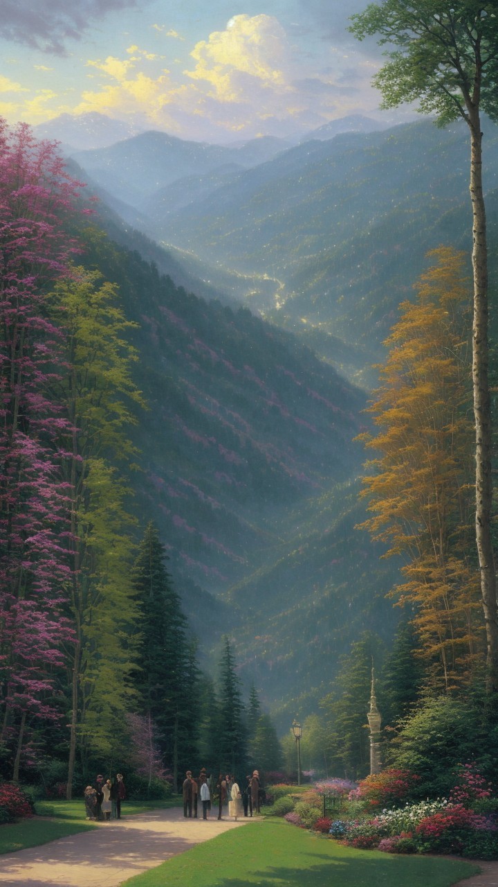 Serene valley with vibrant trees and elegant gathering