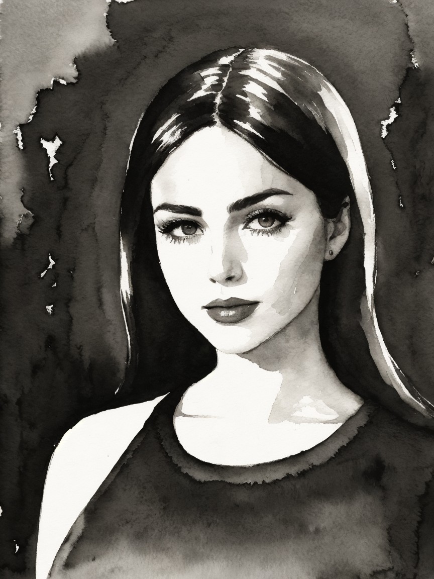 Grayscale Ink Wash Painting of a Woman with Dark Hair