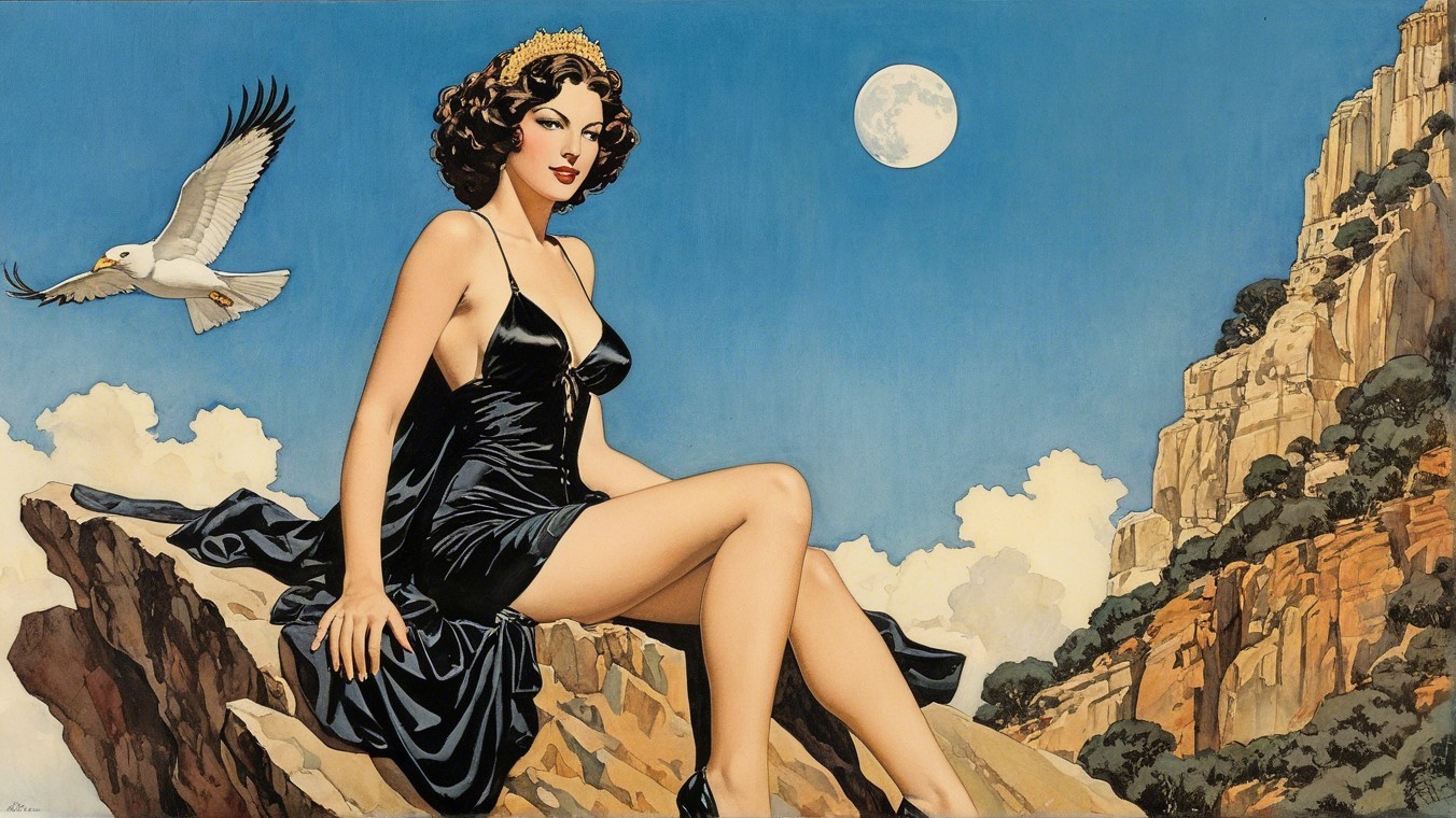 Glamorous Woman in Black Dress on Rocky Outcrop