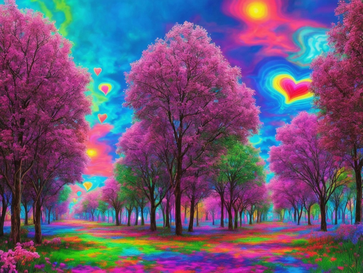 Surreal Landscape with Pink Trees and Colorful Sky