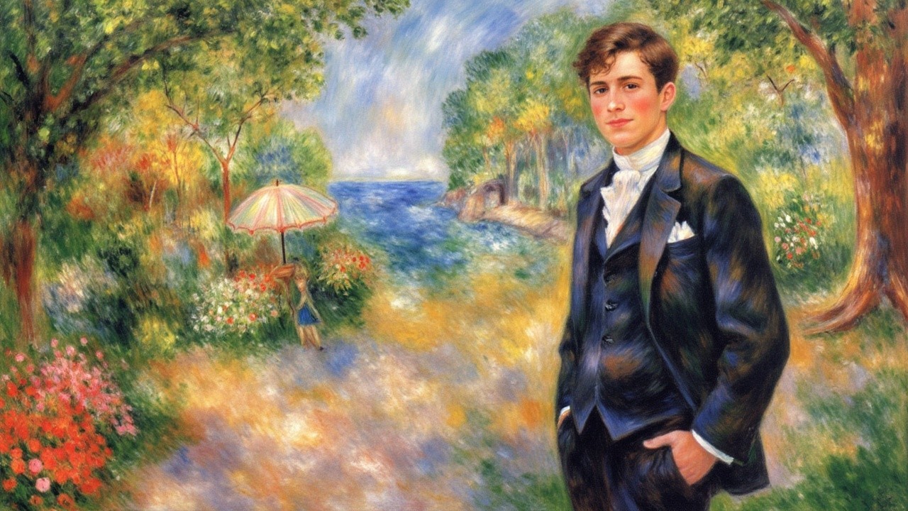 Young Man in Suit by Flower-Lined Path and Water