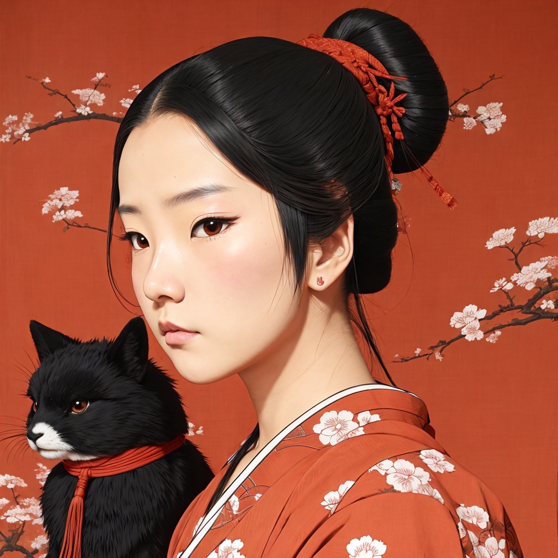 Digital Painting of a Japanese Woman in Kimono with Cat