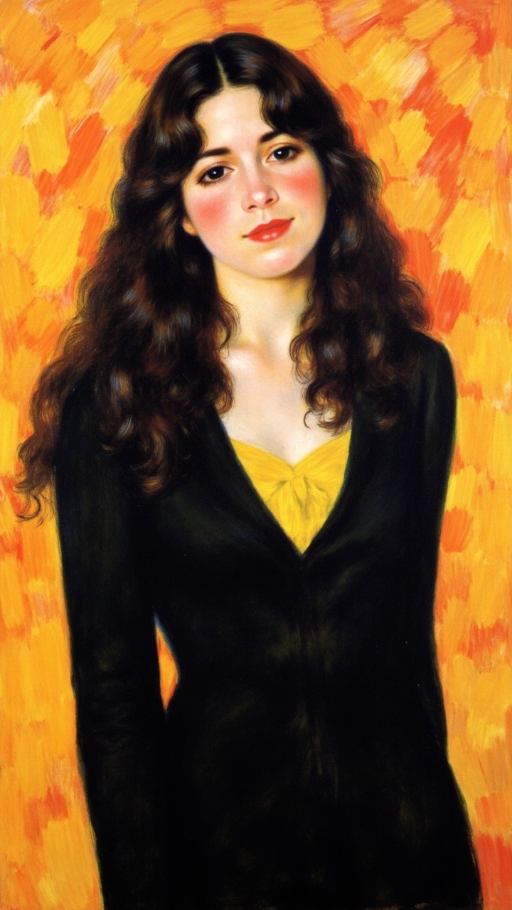 Young Woman in Black Cardigan Against Orange Background