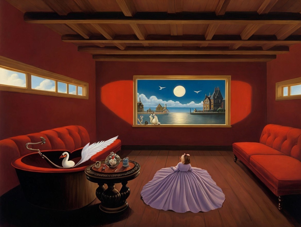 Child in Purple Dress in Cozy Room with Art and Swans