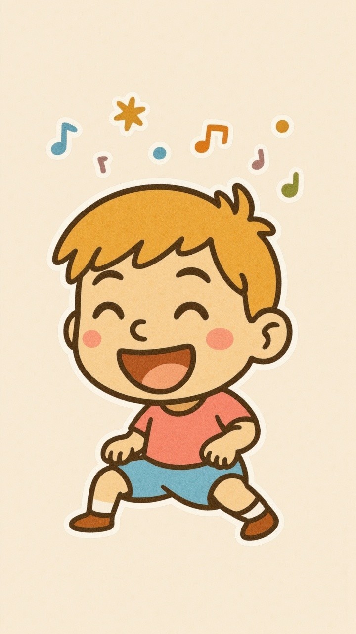 Cheerful Cartoon Boy Dancing with Musical Notes and Stars