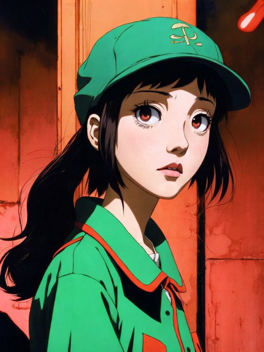 Anime Girl in Green Cap with Contemplative Expression