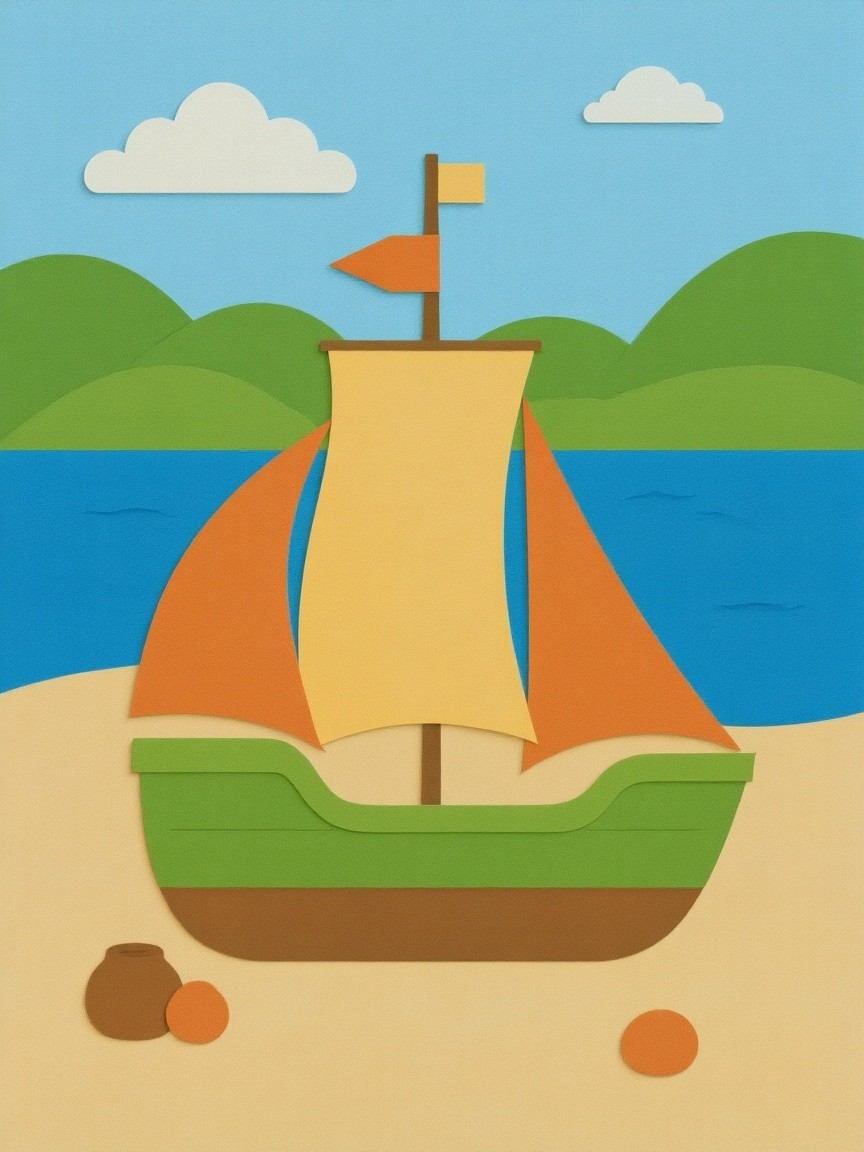 Colorful Paper Collage of Sailboat on Beach Scene