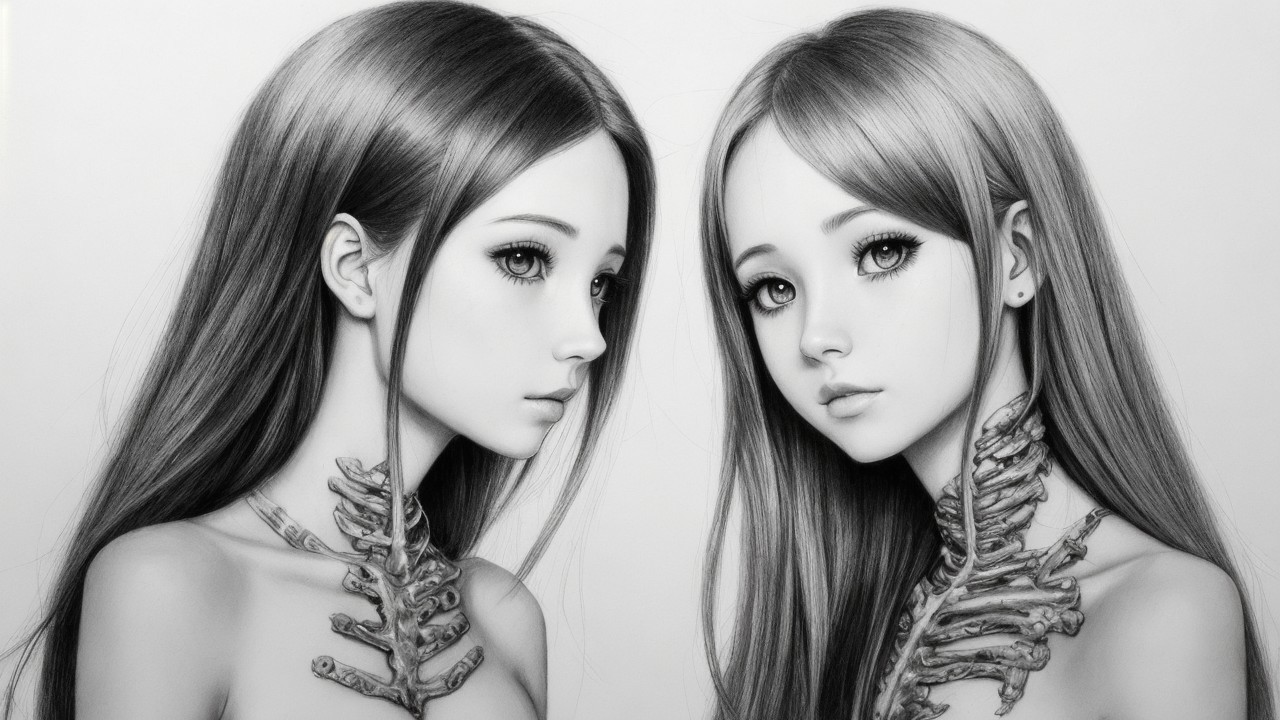 Ethereal Figures with Skeletal Motifs in Monochrome