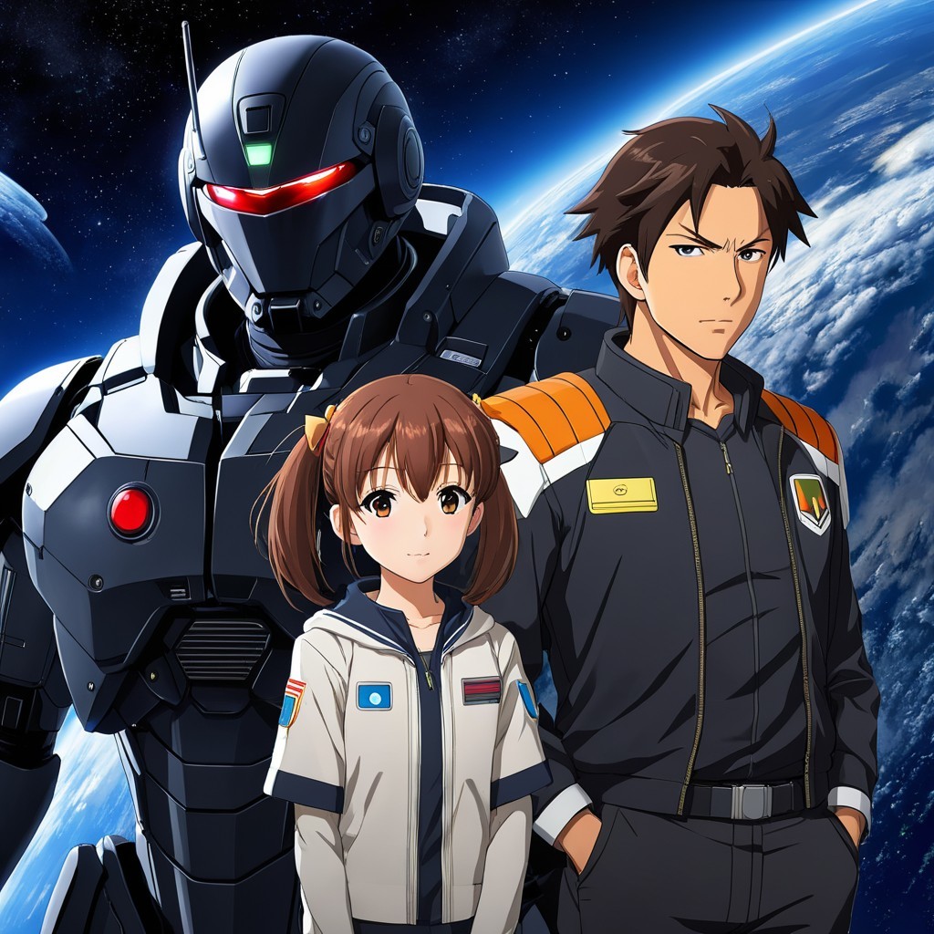 Young Girl and Pilot with Mech in Space Setting