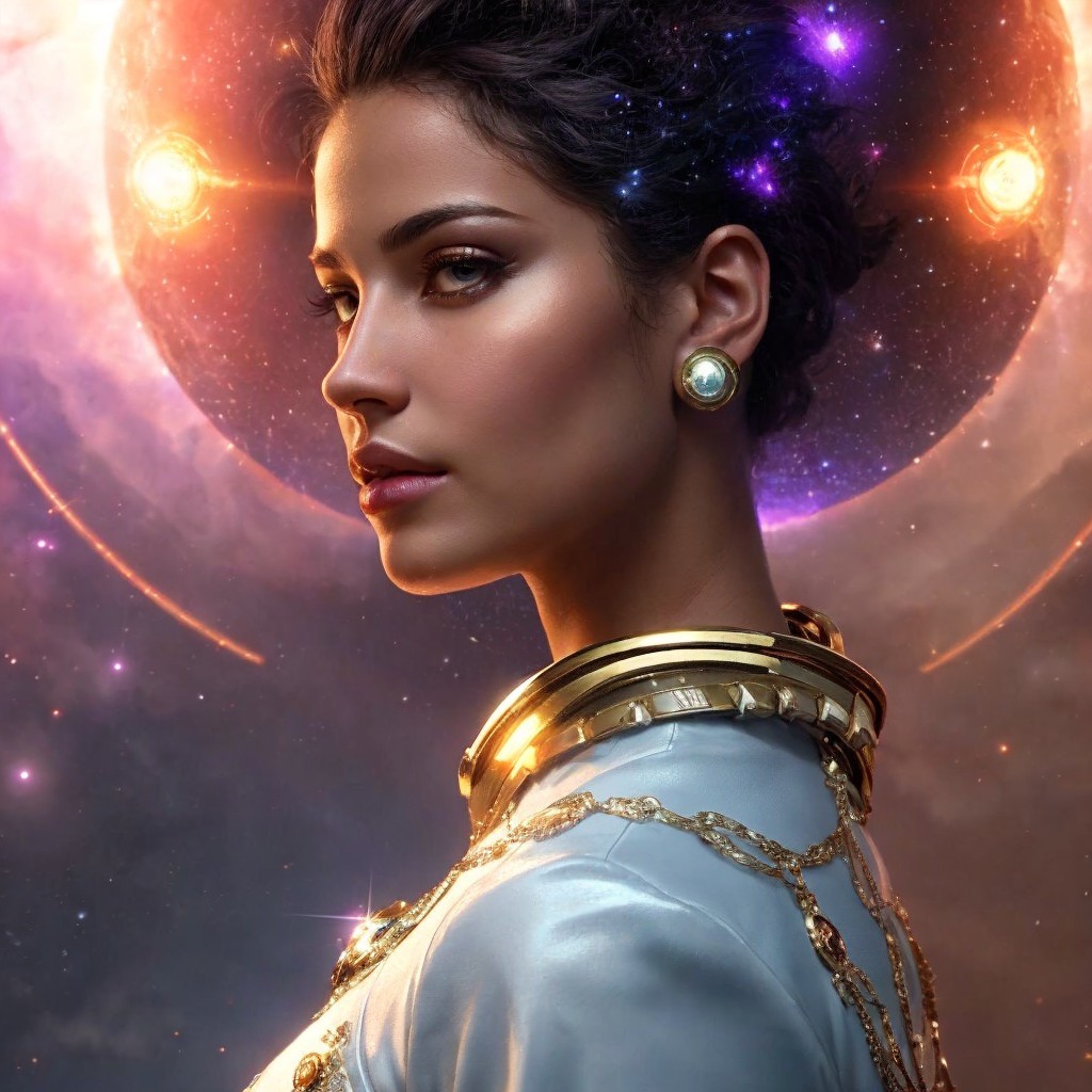 Ethereal Woman in Cosmic Backdrop with Elegant Attire