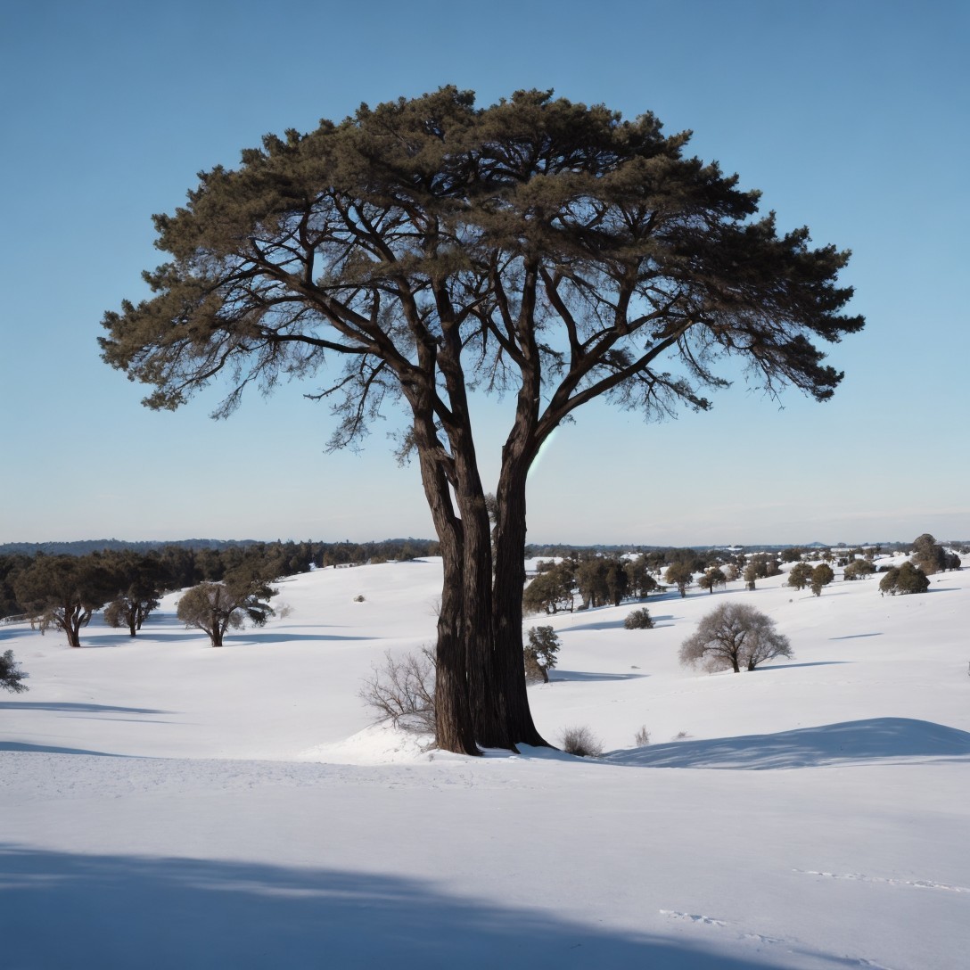 Ancient Tree in Snowy Field Under Bright Blue Sky