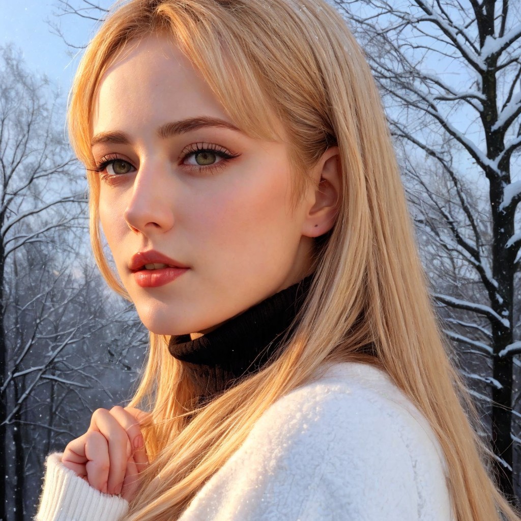 Young Woman in Winter Landscape with Cozy Attire
