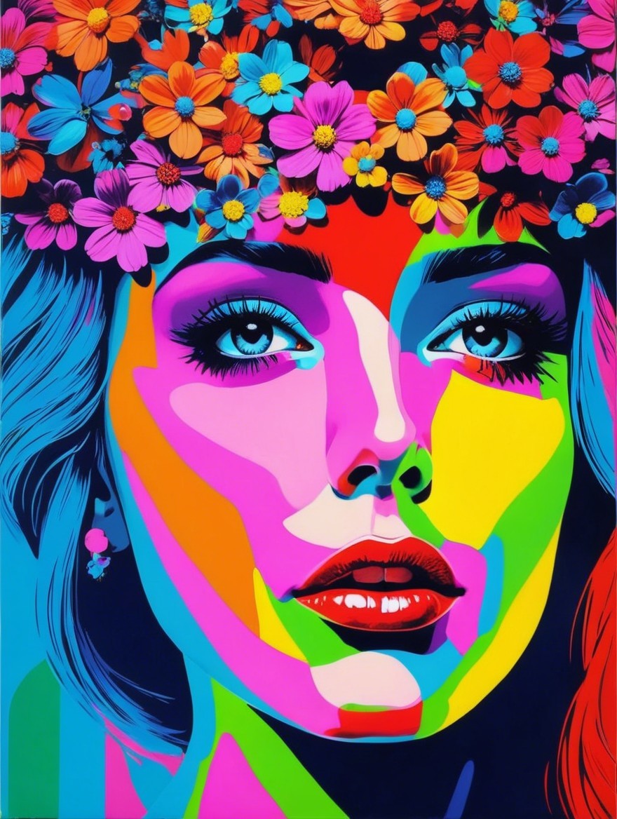 Vibrant Pop-Art Portrait of a Woman with Floral Crown