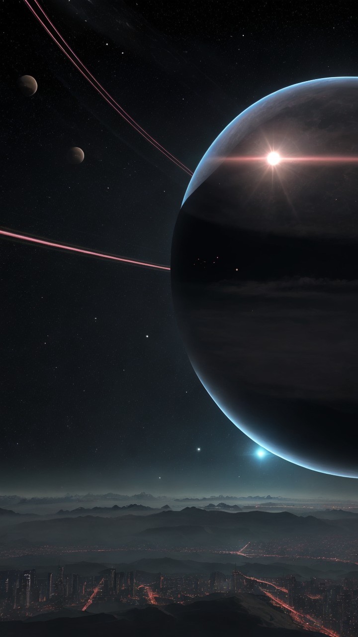 Future city on alien planet with ringed planet above