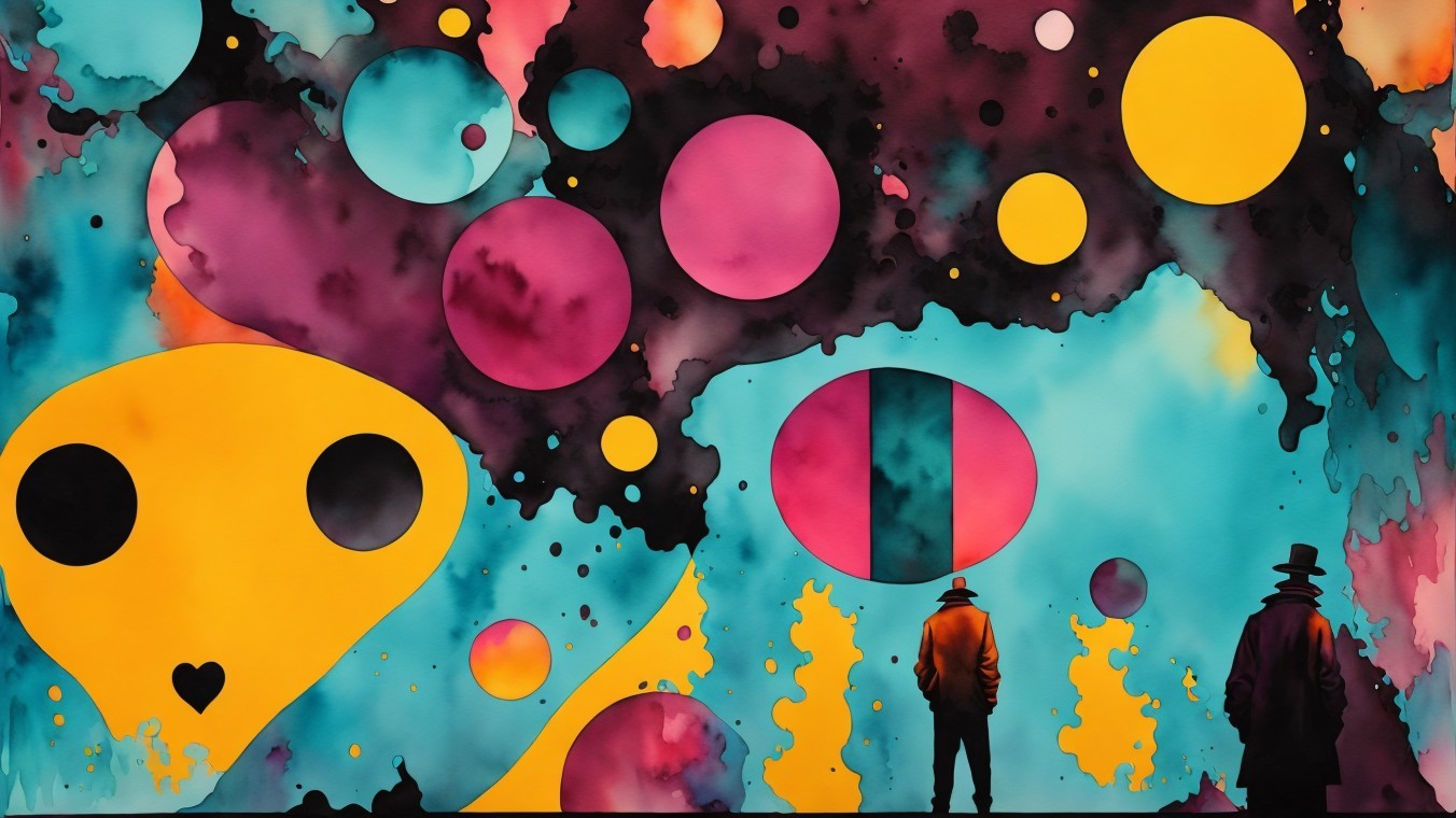 Vibrant Abstract Landscape with Silhouetted Figures