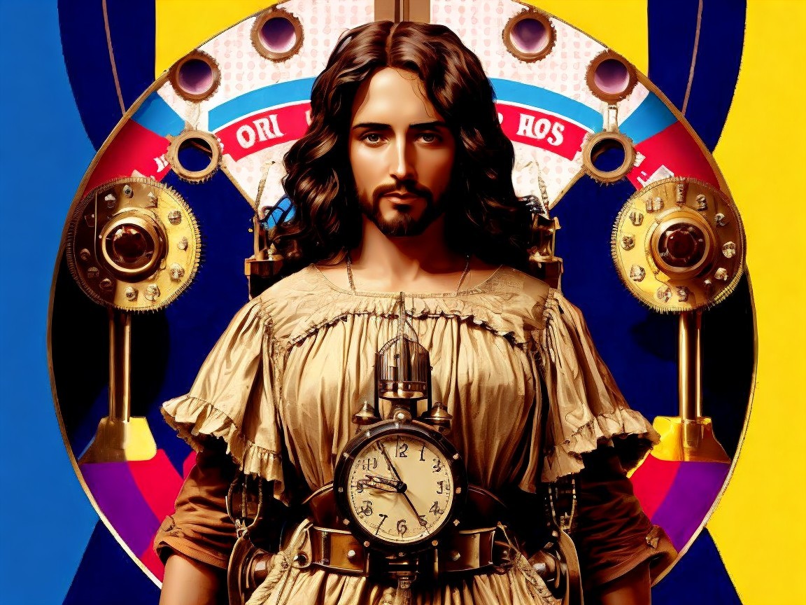 Stylized Figure with Clock in Vibrant Background