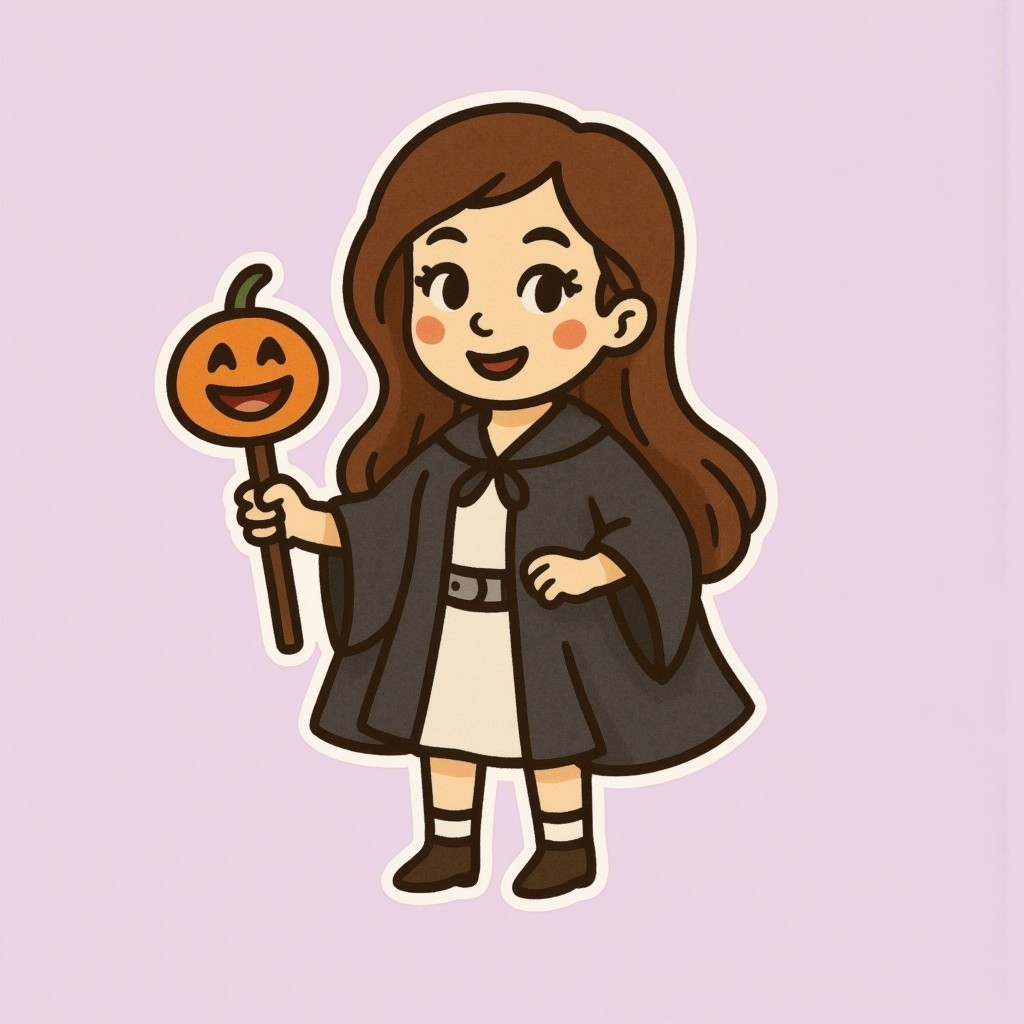 Cartoon Girl in Cape with Pumpkin Lollipop for Halloween