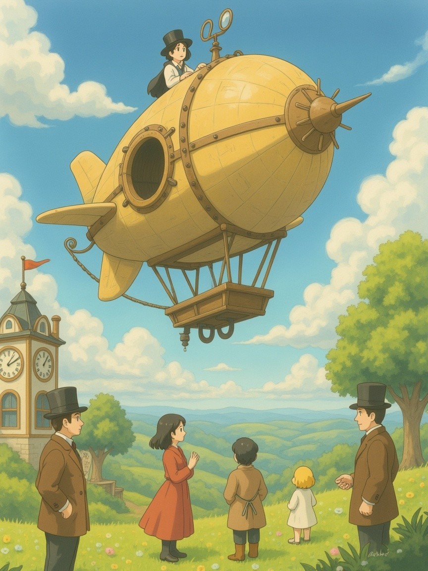 Vintage Airship Over Lush Hills with Joyful Girl