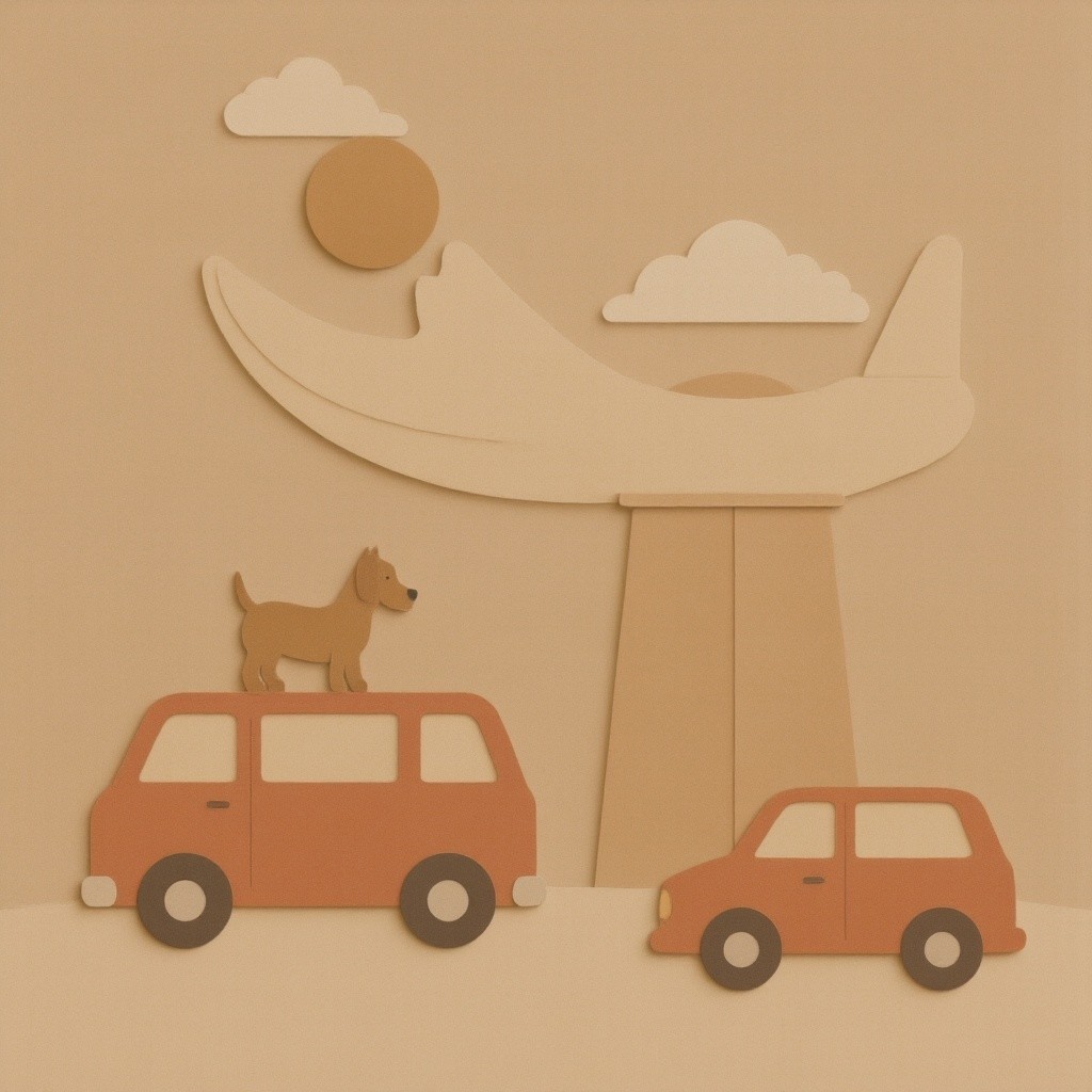 Whimsical Paper Cutout Scene with Cars and Dog