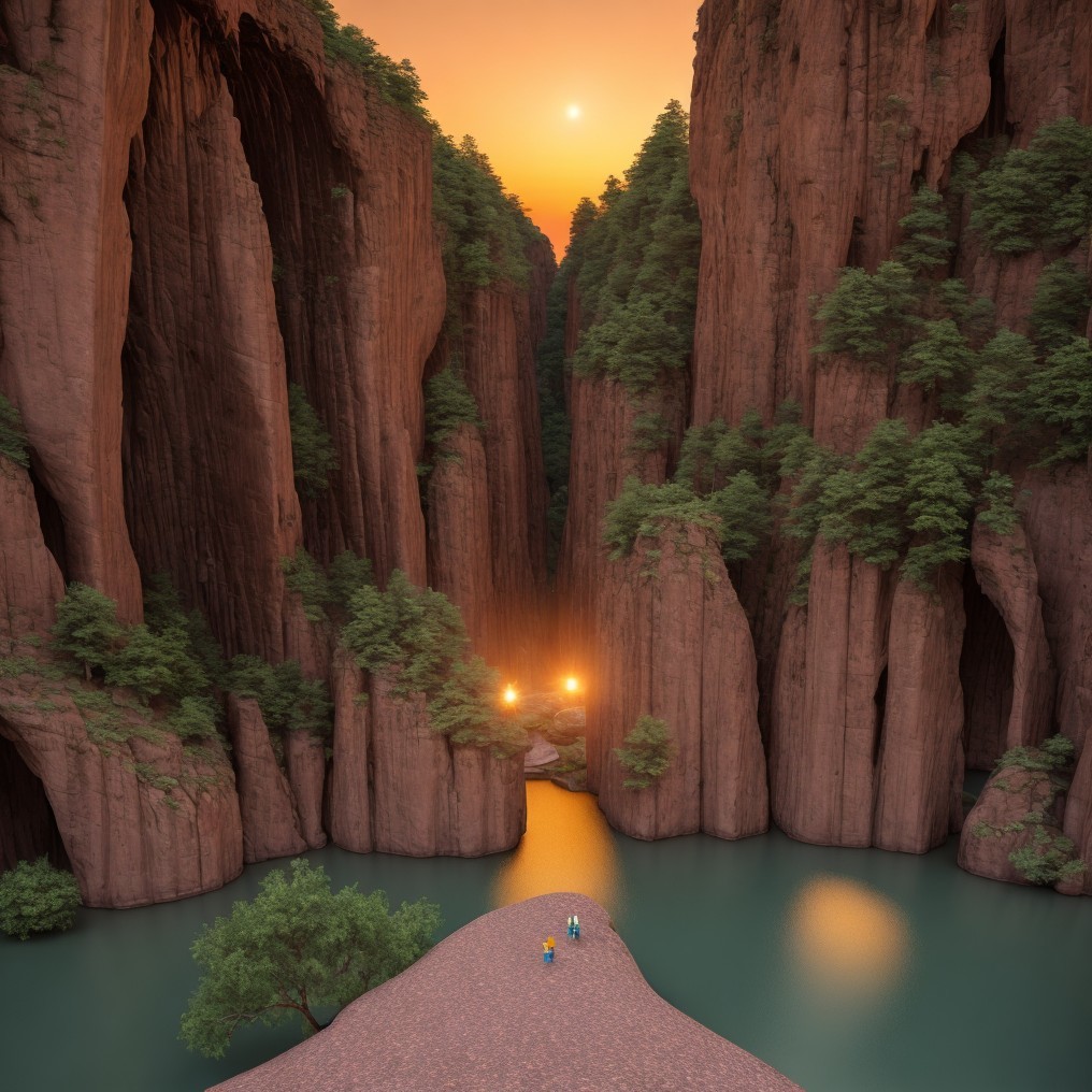 Sunset Over Towering Cliffs and Serene Water Body