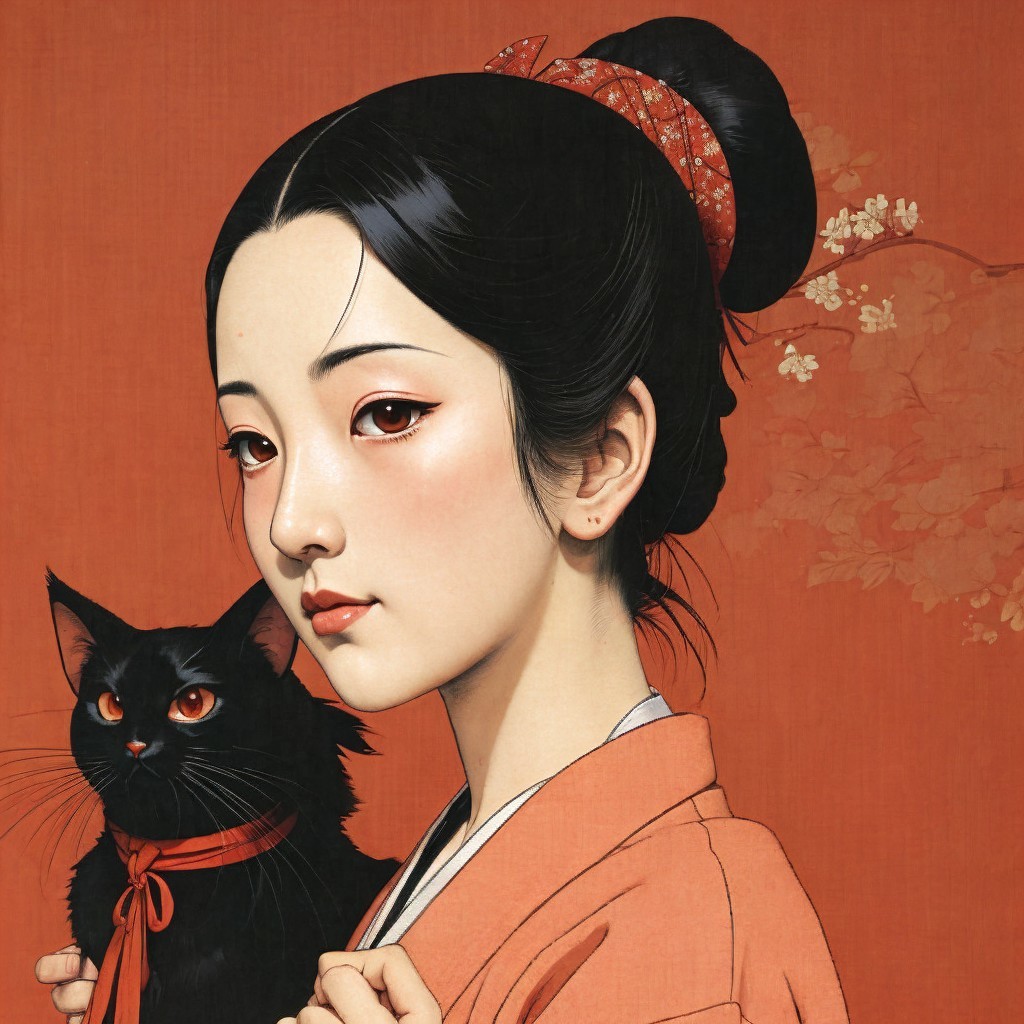 Digital Painting of a Japanese Woman with Cat