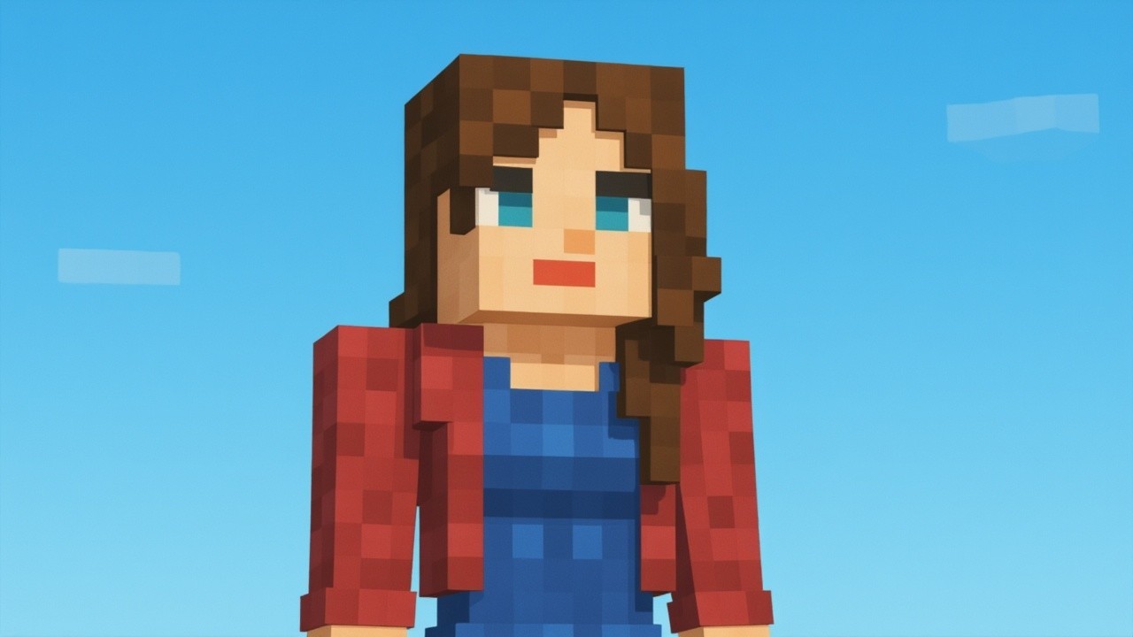 Pixelated character in a blue sky with Minecraft style