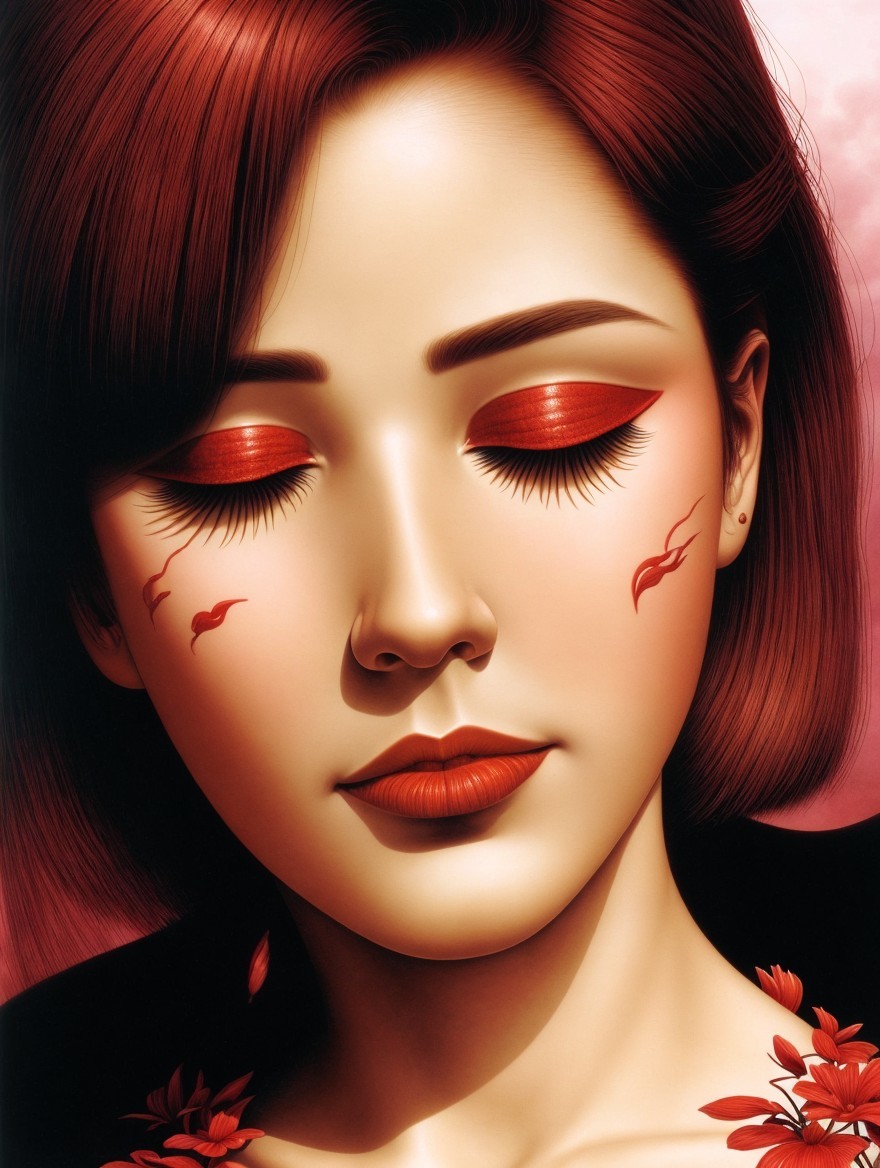 Close-Up Portrait of Woman with Red Makeup and Floral Accents