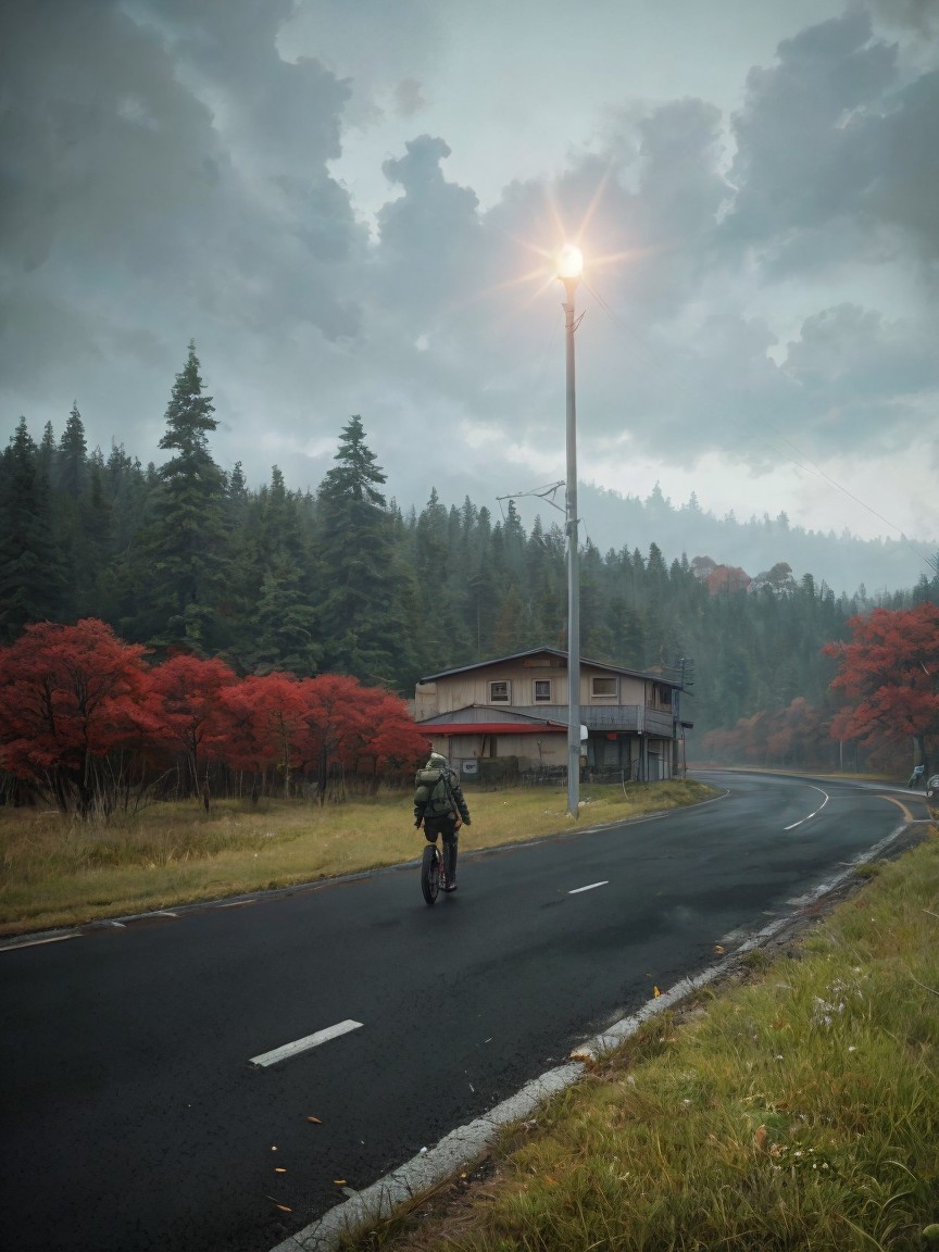 Cyclist on Winding Road with Red Trees and Old House