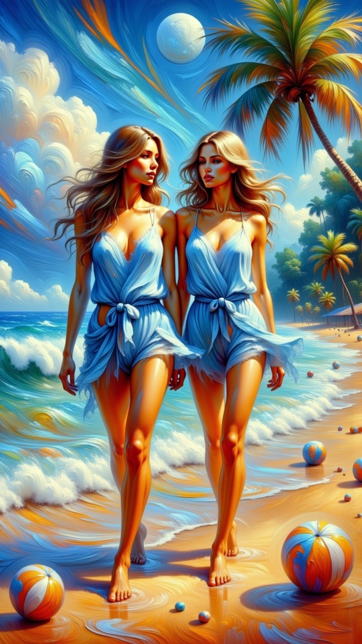 Two women in blue outfits on a vibrant beach scene