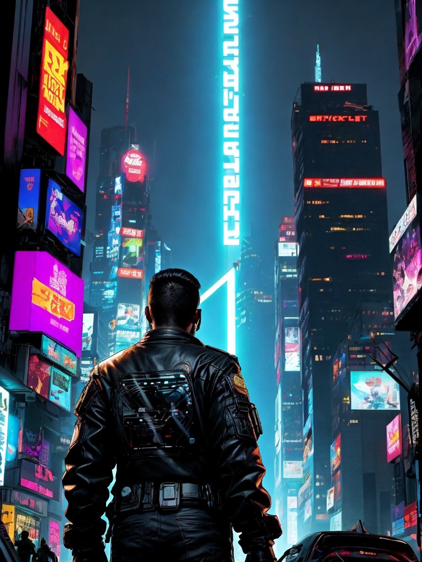 Cyberpunk Cityscape with Neon Lights and Skyscrapers