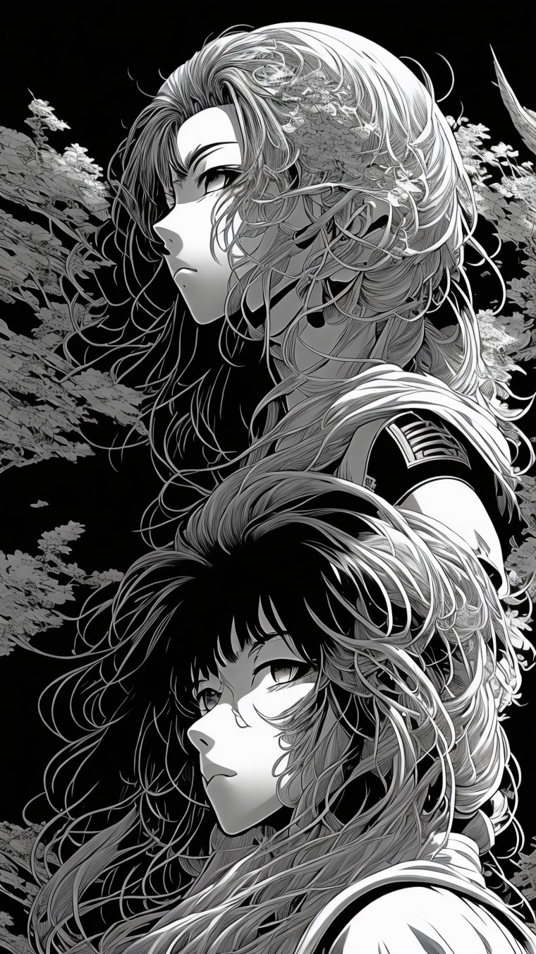 Anime Characters with Flowing Hair in Black and White
