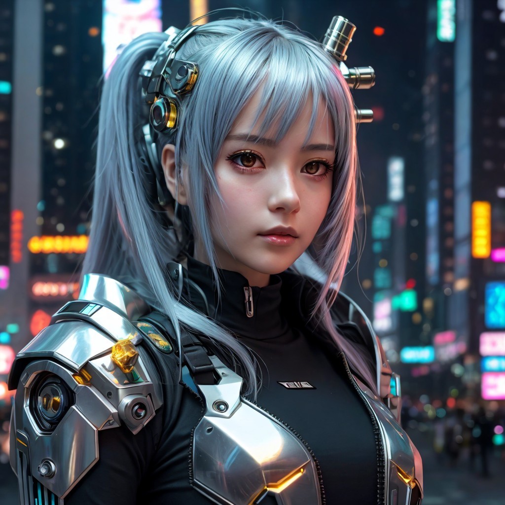 Girl with Blue Hair in Futuristic Cityscape at Night
