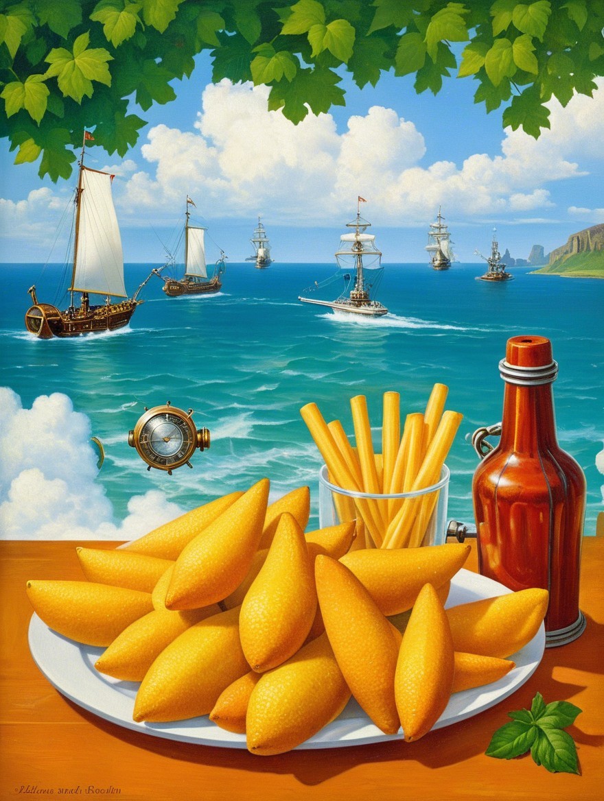 Seaside Scene with Fried Pastries and Tall Ships