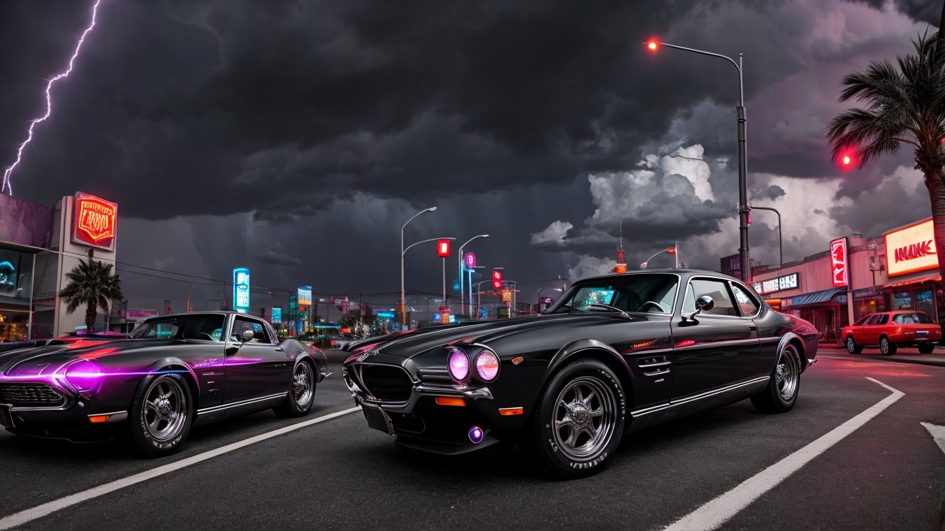 Sleek Black Sports Cars Under Ominous Sky and Neon Lights
