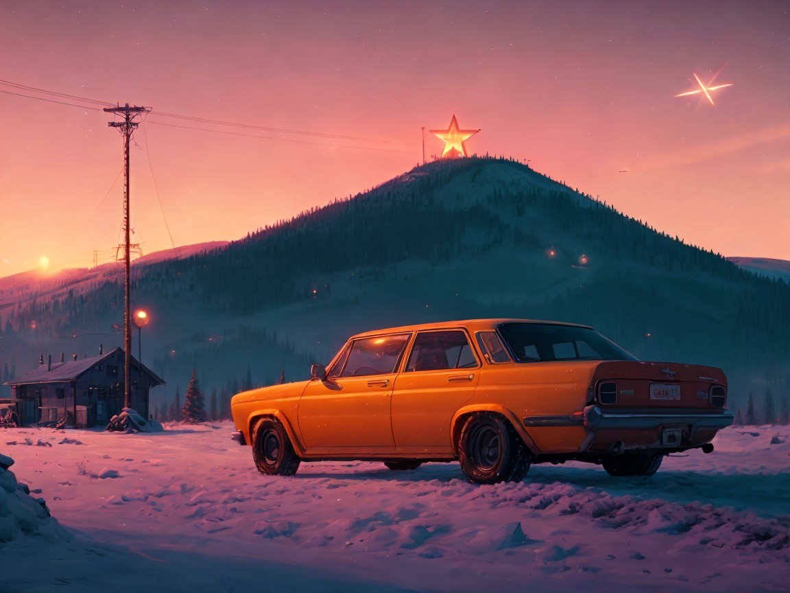 Vintage Orange 4-Door Car in Snowy Landscape at Dusk