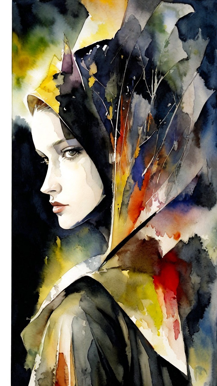 Watercolor Portrait of Young Woman in Vibrant Hood