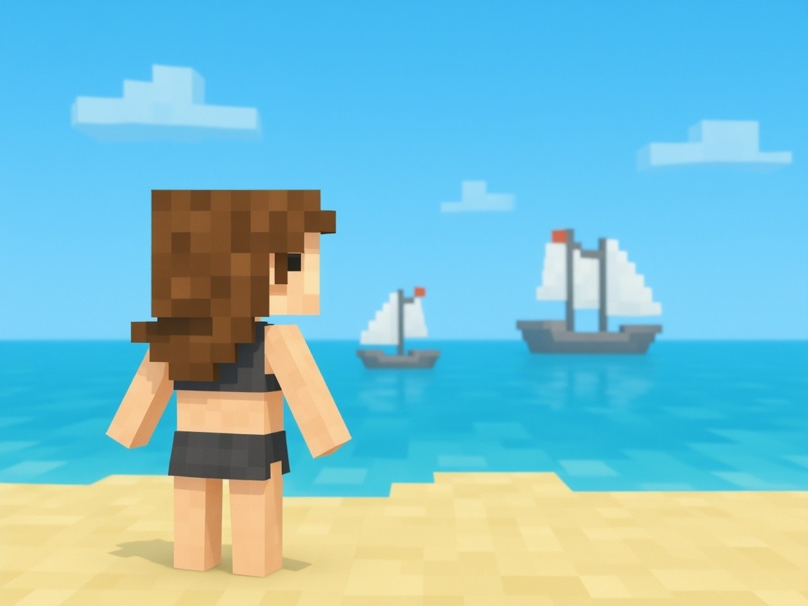 Pixelated Character on Beach with Boats and Clouds
