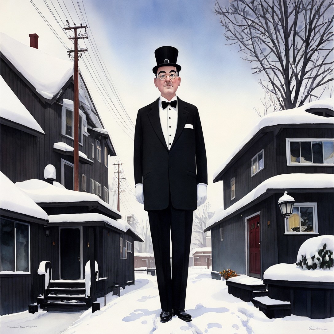 Man in Black Suit and Top Hat in Snowy Town Scene