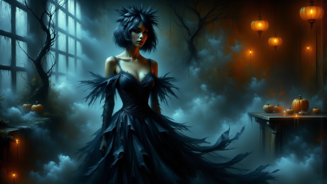 Mysterious Figure in Dimly Lit Room with Fog and Lanterns