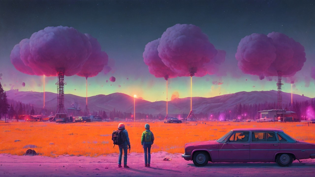 Surreal Landscape with Astronauts and Vintage Car