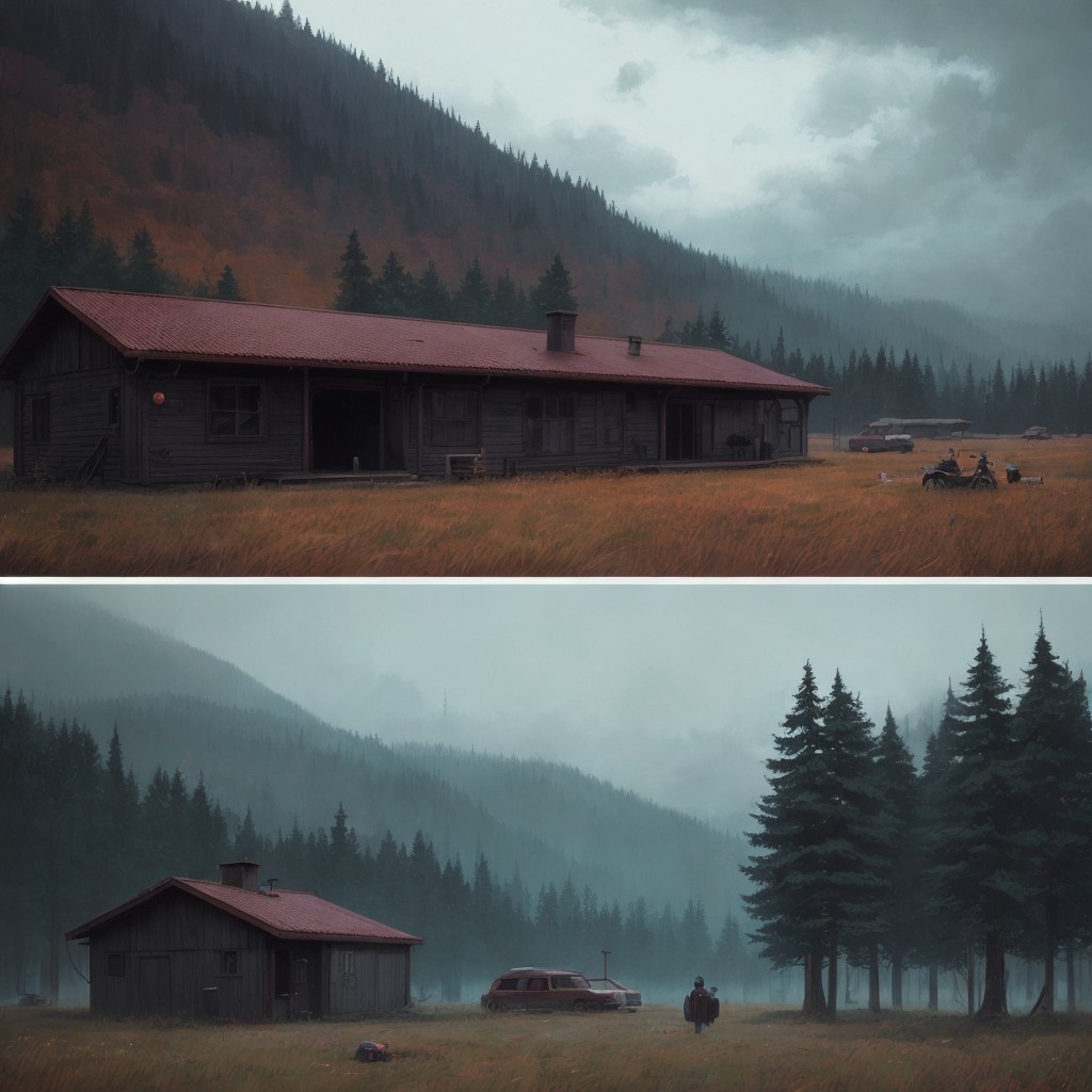 Misty Landscape with Rustic House and Mountains