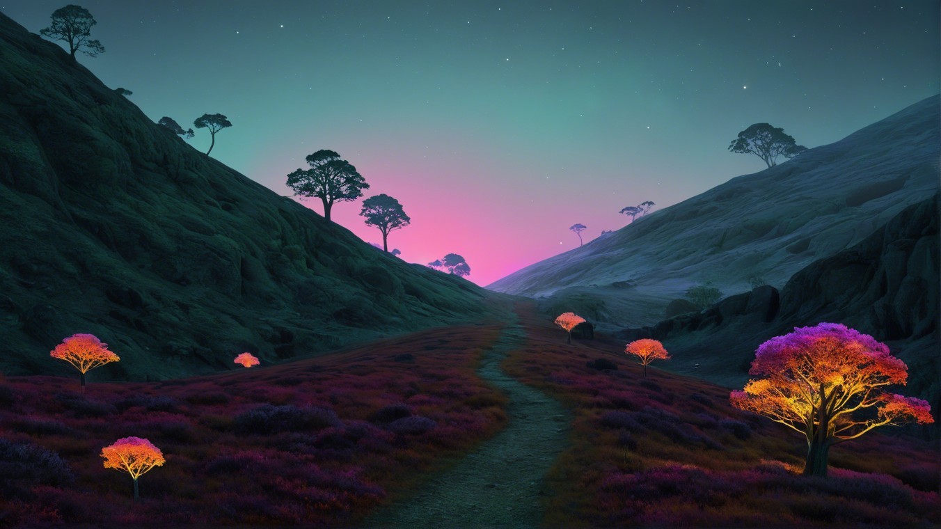 Twilight Landscape with Rolling Hills and Vibrant Foliage