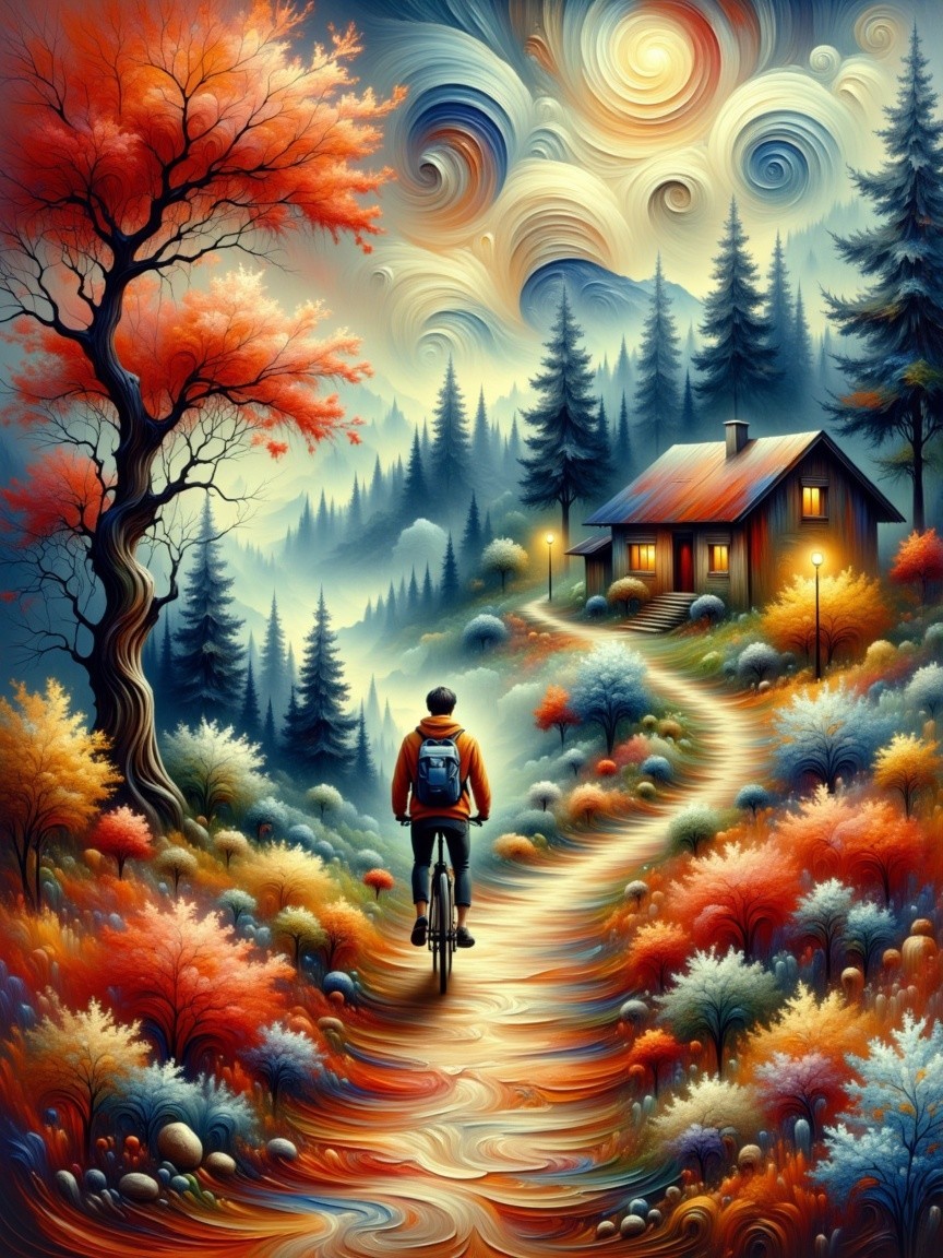 Surreal Landscape with Cyclist and Cozy Cabin