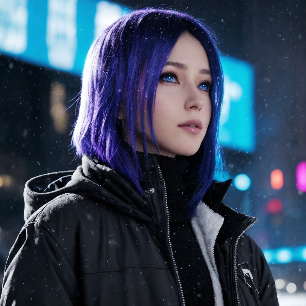 Anime-Inspired Young Woman in Warm Black Jacket