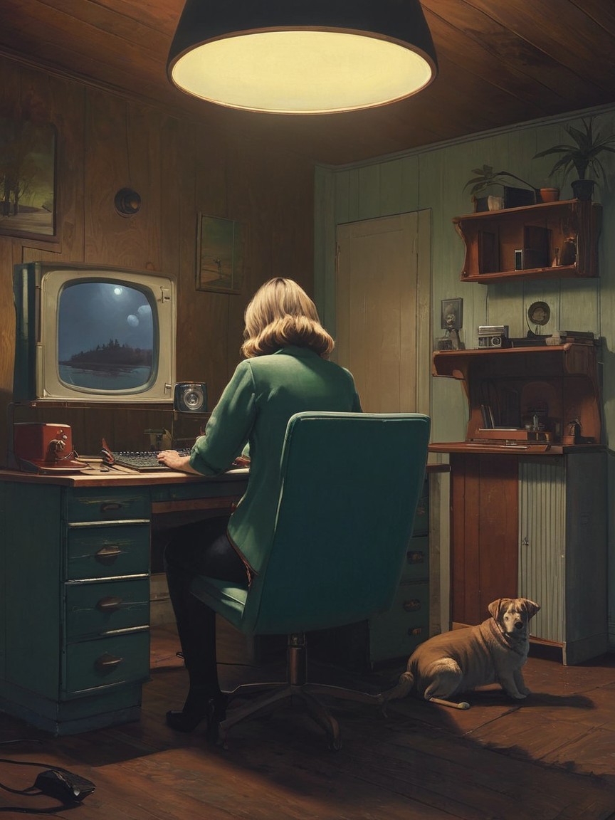 Indoor Scene of Woman Typing at Retro Television
