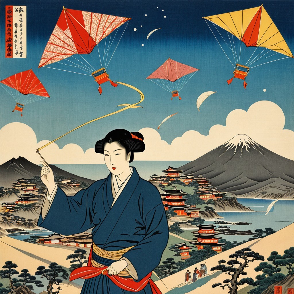 Ukiyo-e Artwork of Japanese Woman and Night Landscape