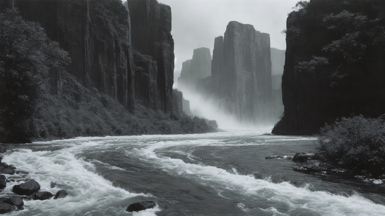 Dramatic Black and White Landscape of River and Cliffs