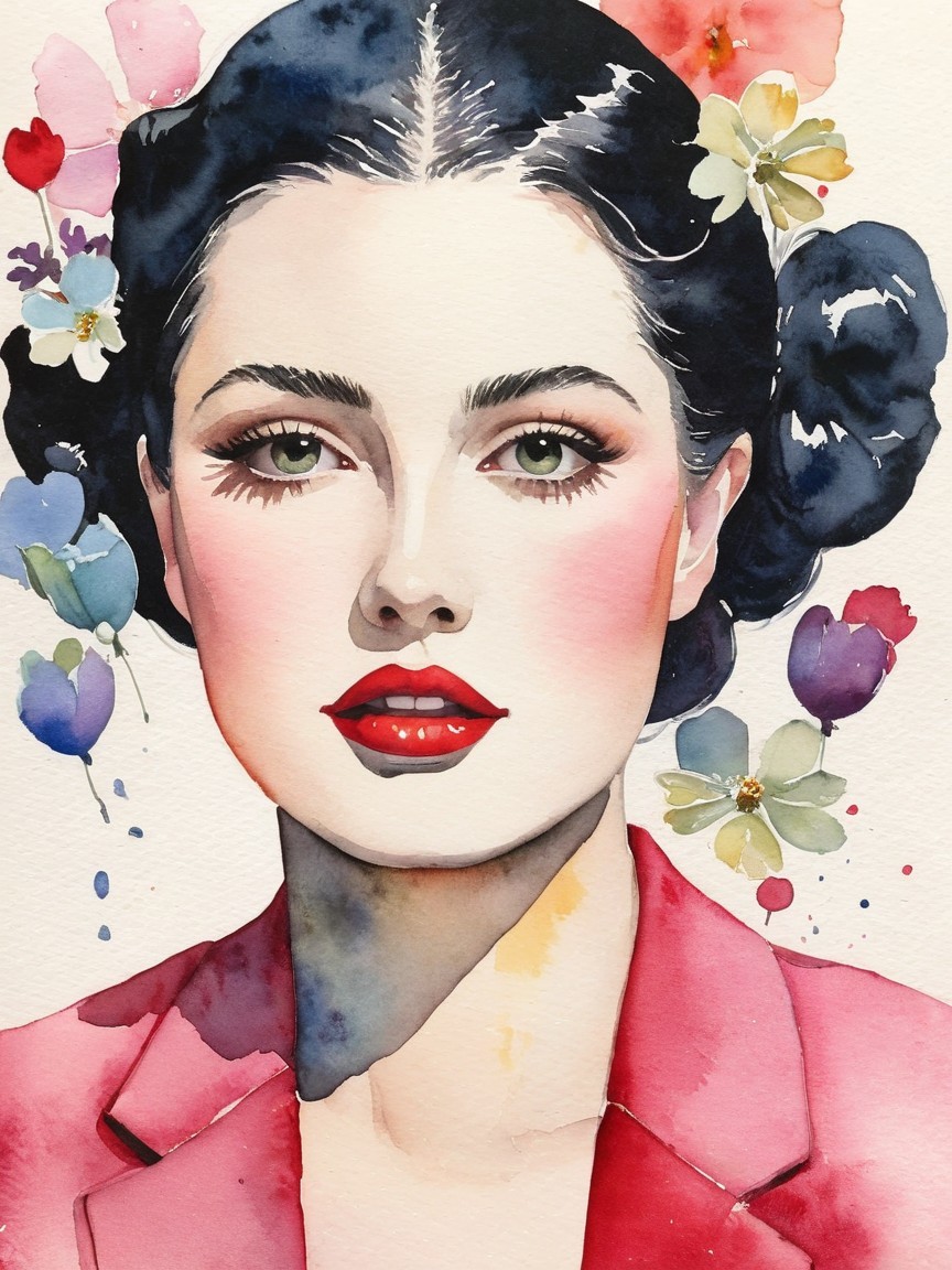 Watercolor Portrait of Young Woman with Floral Accents