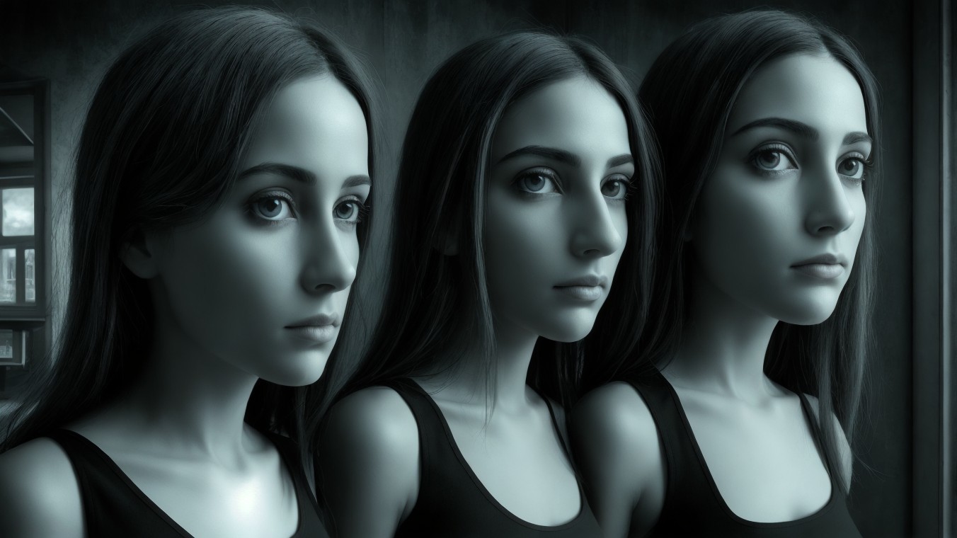 Three Monochromatic Blue Portraits of a Young Woman