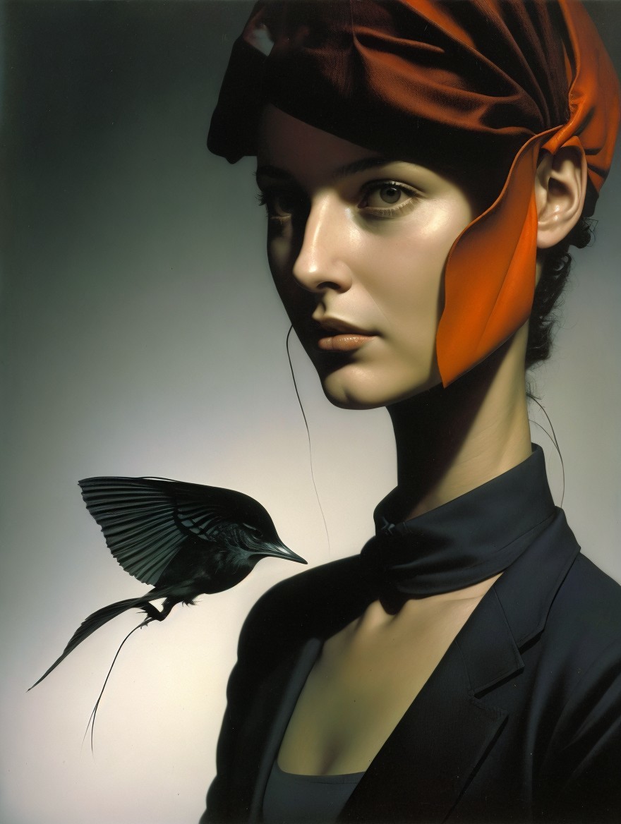 Portrait of a woman with serene expression and bird